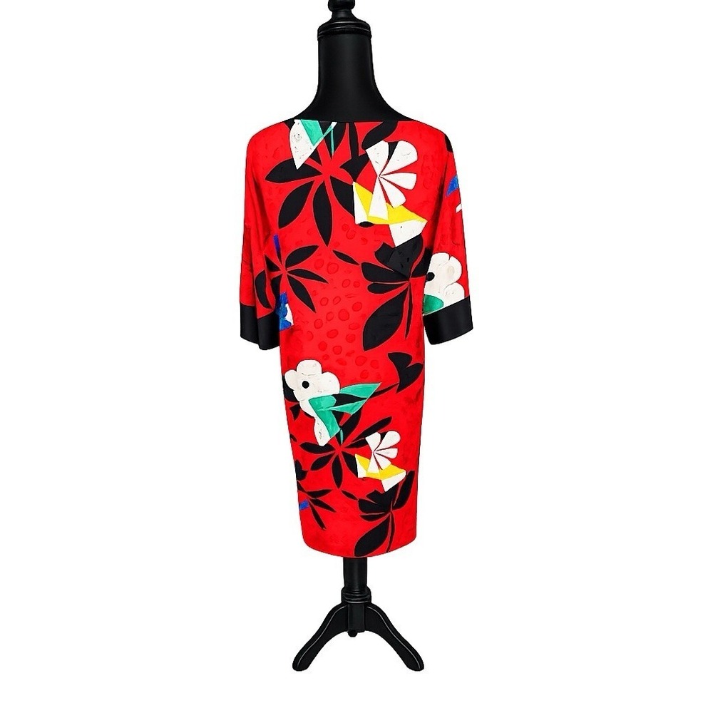 Size Small/ 4, Retro 80’s JSJ Satin Shift Midi Dress USA Abstract Floral Red